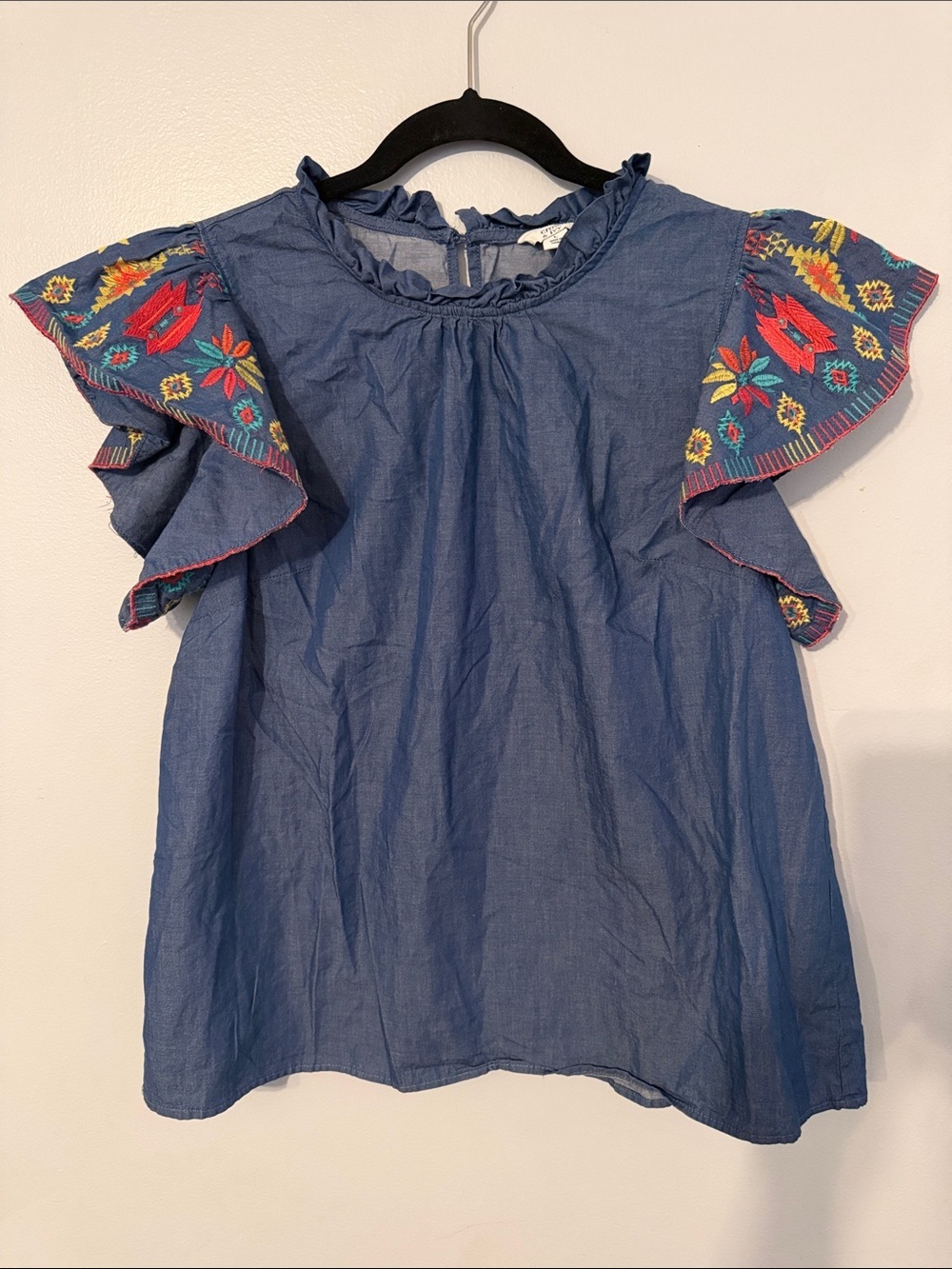 crown & ivy Chambray Flutter Sleeve Top with Multicolor Embroidery   100% Cotton